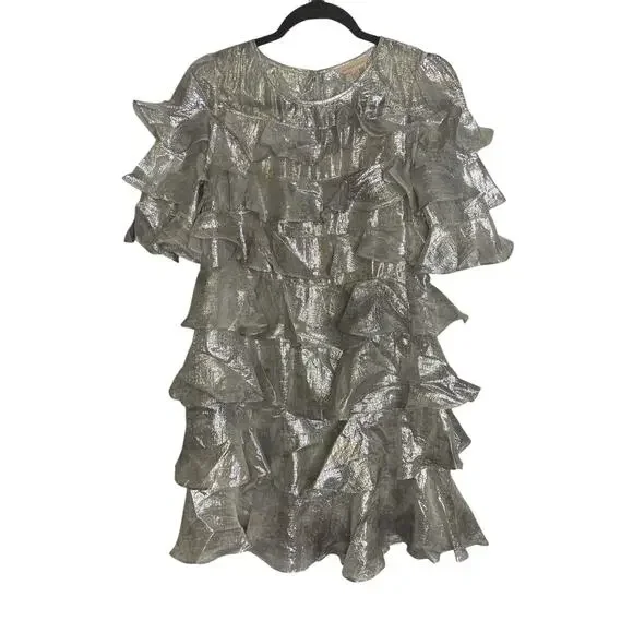 Rebecca Taylor Lily Ruffle Tiered Mini Dress Metallic Silk Blend Silver Size 0